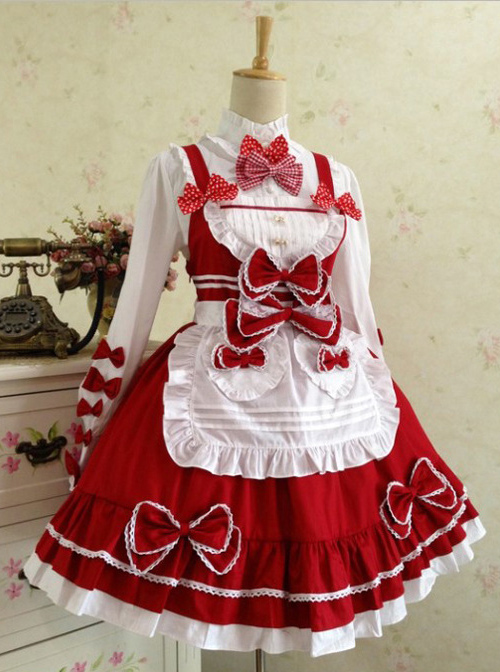 Red And White Lace Bowknot Sweet Lolita Dress Set