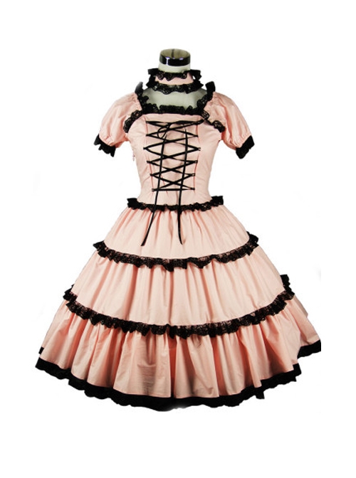 Pink Cute Bind Strap Short Sleeve Sweet Lolita Dress