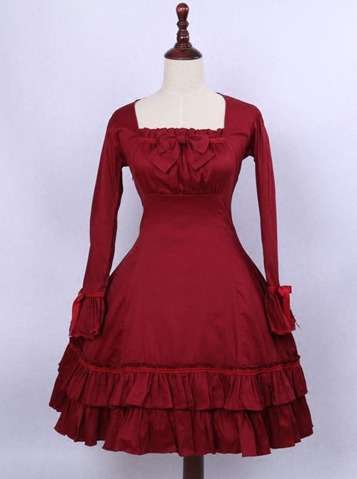 Retro Red Bowknot Ruffles Classic Lolita Long Sleeve Dress