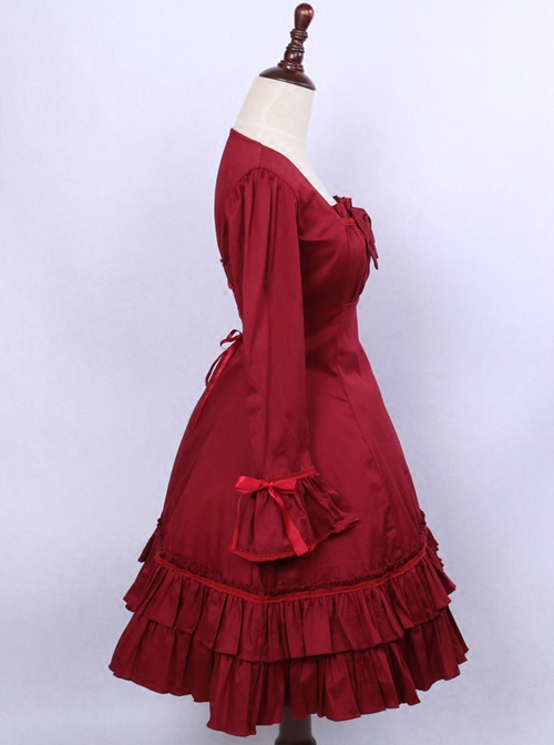 Retro Red Bowknot Ruffles Classic Lolita Long Sleeve Dress