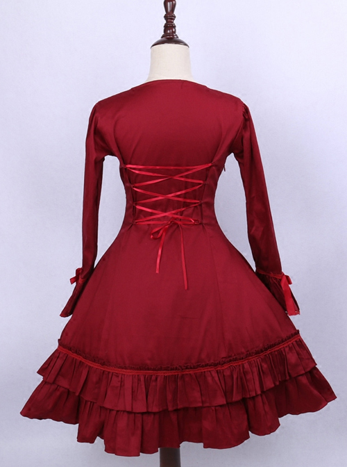 Retro Red Bowknot Ruffles Classic Lolita Long Sleeve Dress