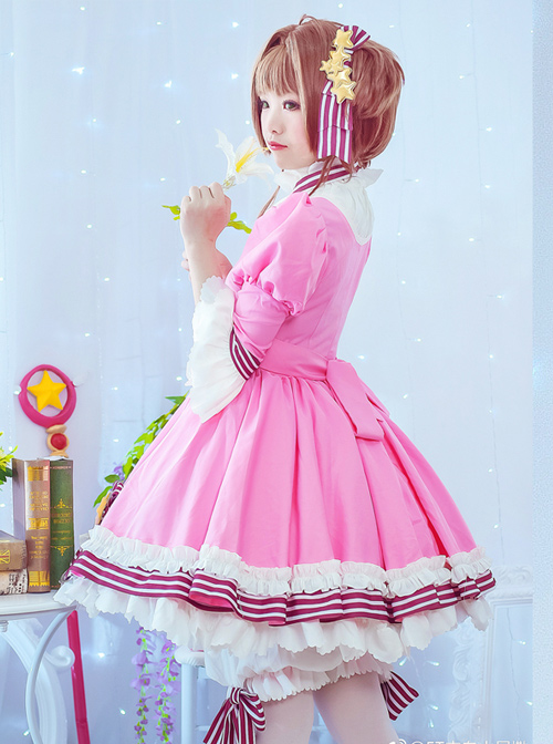 Card Captor Sakura Pink-white Dress Cosplay Costume Sweet Lolita Dress Set