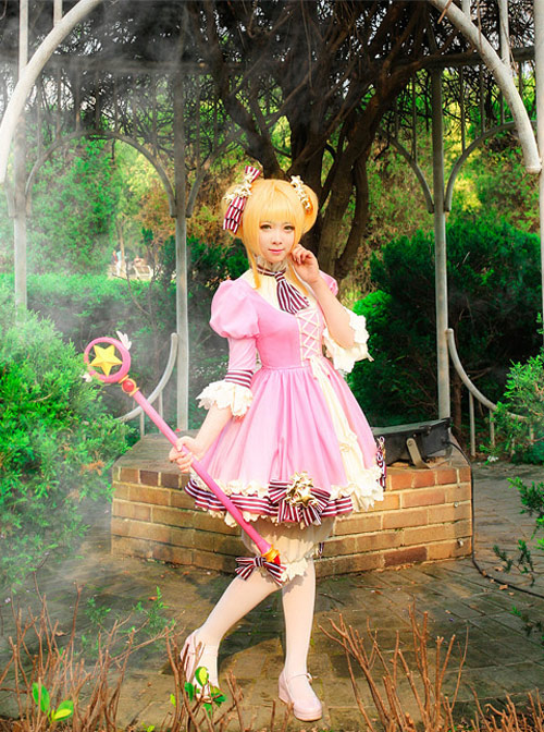 Card Captor Sakura Pink-white Dress Cosplay Costume Sweet Lolita Dress Set