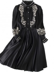 Black Retro Embroidery Standing Collar Classic Lolita Long Sleeve Dress