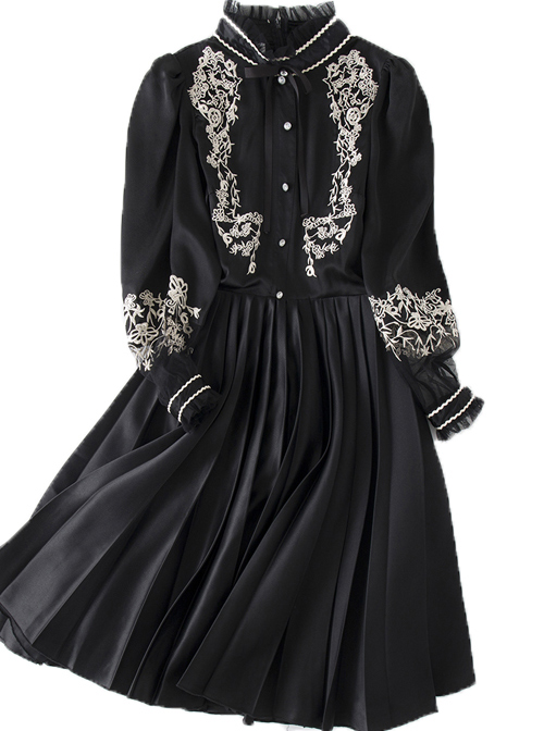 Black Retro Embroidery Standing Collar Classic Lolita Long Sleeve Dress