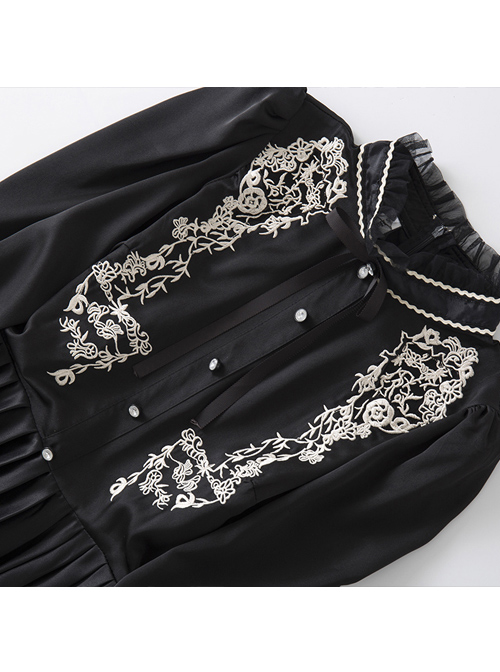 Black Retro Embroidery Standing Collar Classic Lolita Long Sleeve Dress