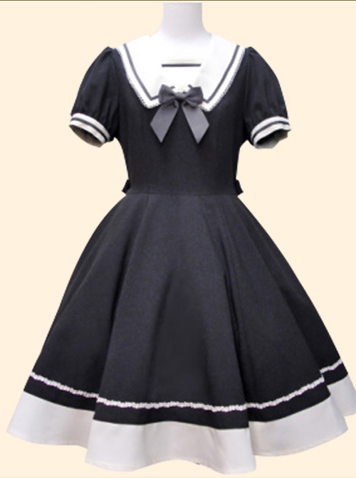 Navy Collar Bowknot School Lolita Short Sleeve Dress