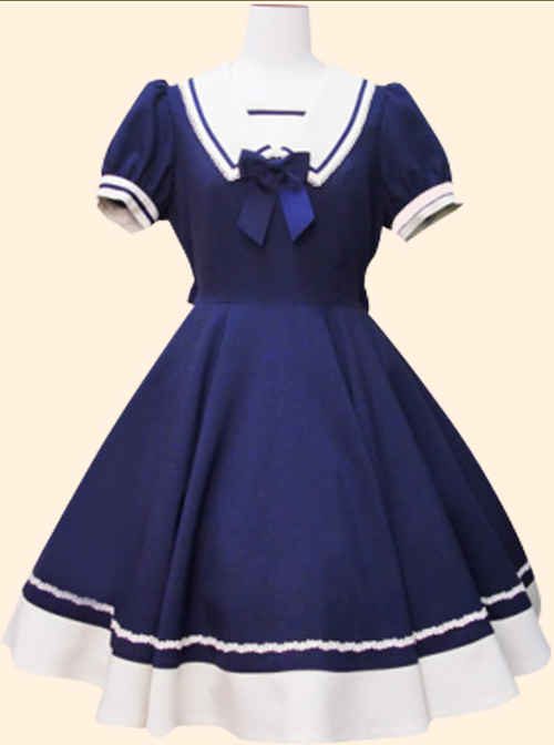 Navy Collar Bowknot School Lolita Short Sleeve Dress