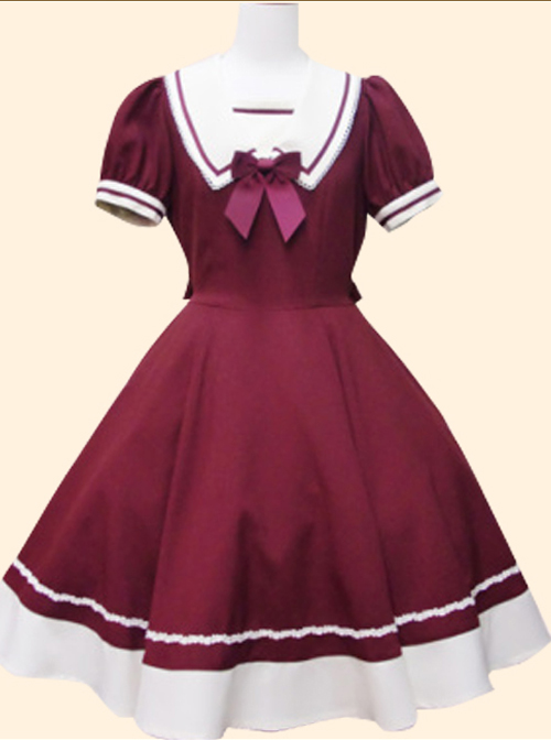 Navy Collar Bowknot School Lolita Short Sleeve Dress