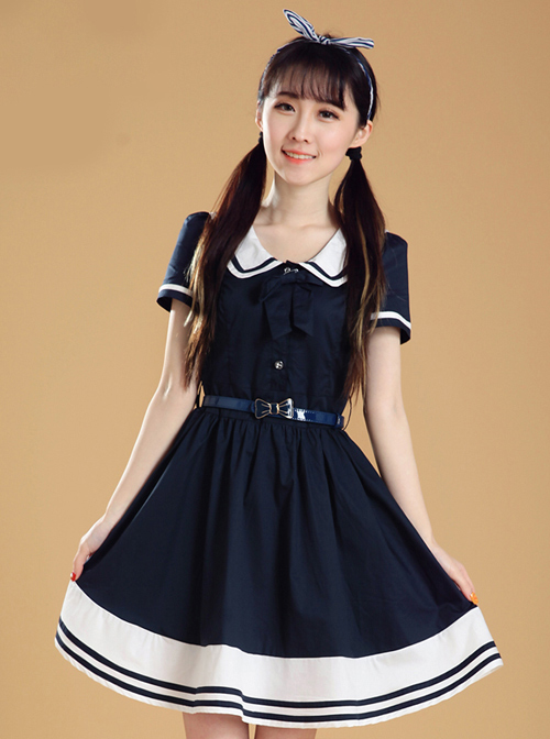 Maiden Dress Navy Style Short Sleeve School Lolita Dress