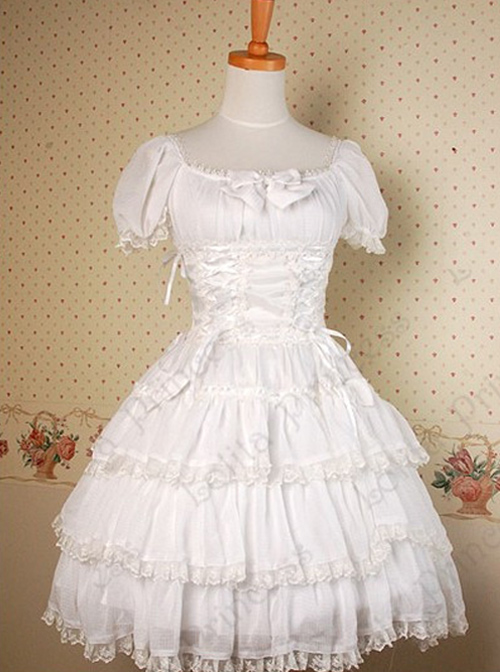 White Multi-storey Ruffles Lace-up Sweet Lolita Dress