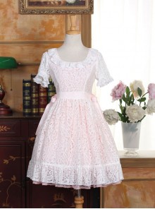 Pink Cotton Short Sleeves White Lace Classic Lolita Dress