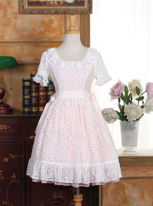 Pink Cotton Short Sleeves White Lace Classic Lolita Dress