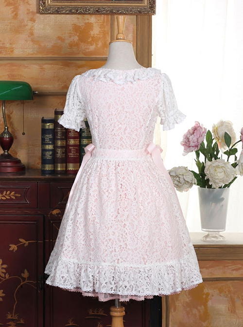 Pink Cotton Short Sleeves White Lace Classic Lolita Dress