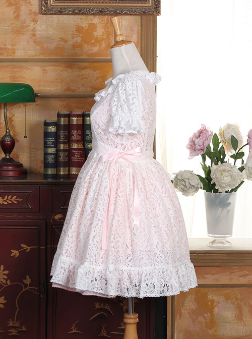 Pink Cotton Short Sleeves White Lace Classic Lolita Dress