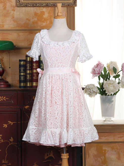 Pink Cotton Short Sleeves White Lace Classic Lolita Dress