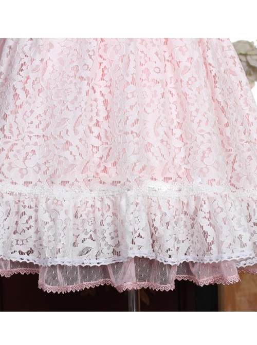 Pink Cotton Short Sleeves White Lace Classic Lolita Dress