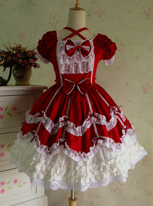 Lace Red Cotton Sweet Lolita Short Sleeves Dress