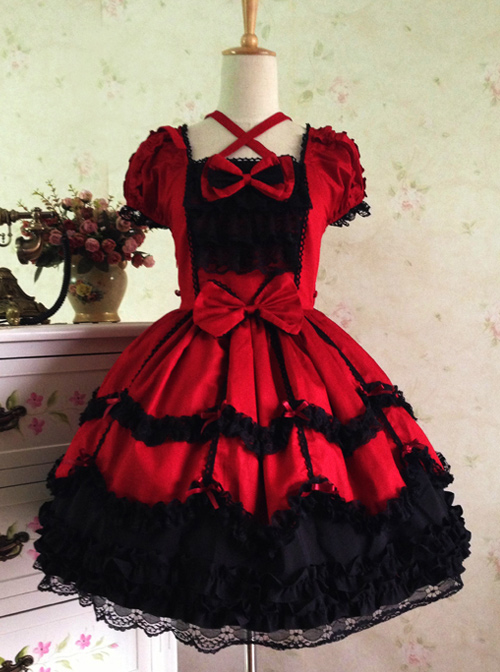 Lace Red Cotton Sweet Lolita Short Sleeves Dress