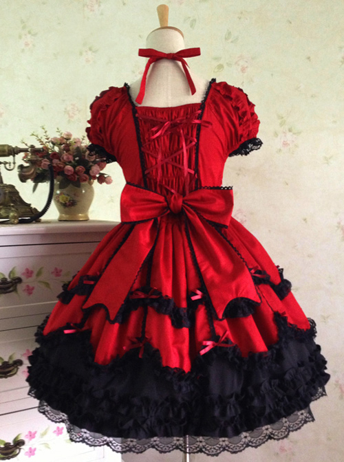 Lace Red Cotton Sweet Lolita Short Sleeves Dress