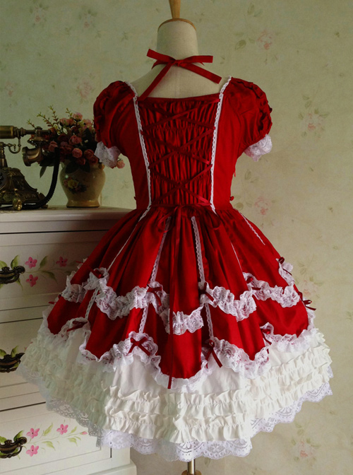 Lace Red Cotton Sweet Lolita Short Sleeves Dress