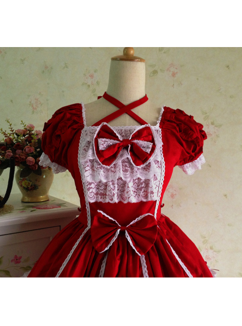 Lace Red Cotton Sweet Lolita Short Sleeves Dress