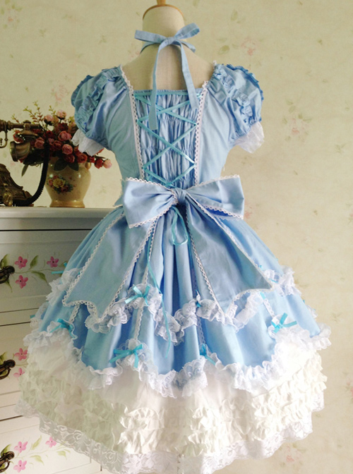 Light Blue Bowknot Lace Sweet Lolita Short Sleeves Dress