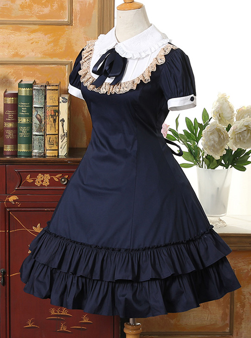 Vintage Dark Blue School Lolita Short Sleeve Dress