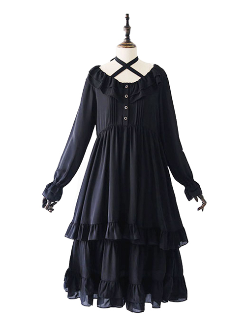 Pure Black Ruffles Gothic Lolita Long Sleeves Dress