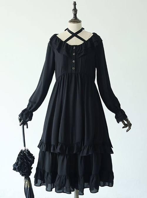 Pure Black Ruffles Gothic Lolita Long Sleeves Dress