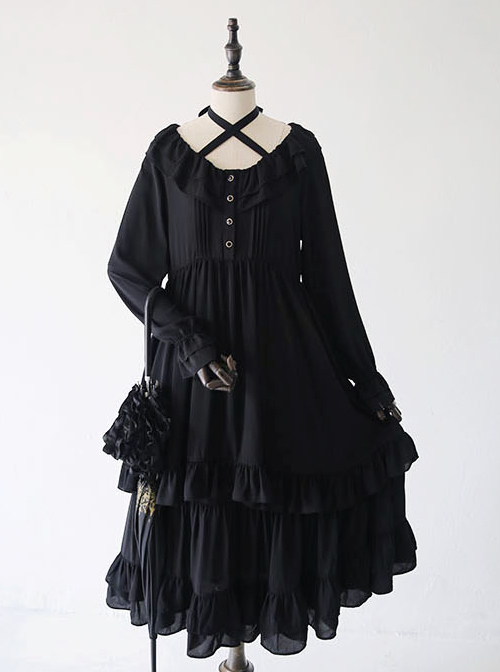 Pure Black Ruffles Gothic Lolita Long Sleeves Dress