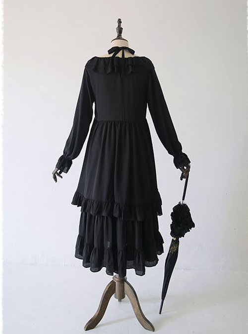 Pure Black Ruffles Gothic Lolita Long Sleeves Dress