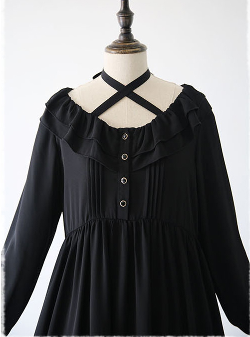 Pure Black Ruffles Gothic Lolita Long Sleeves Dress