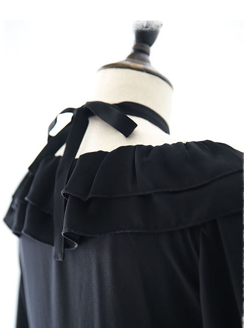 Pure Black Ruffles Gothic Lolita Long Sleeves Dress