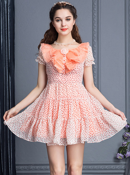 Pink Short Sleeve Bind Strap Lace Cute Sweet Lolita Dress
