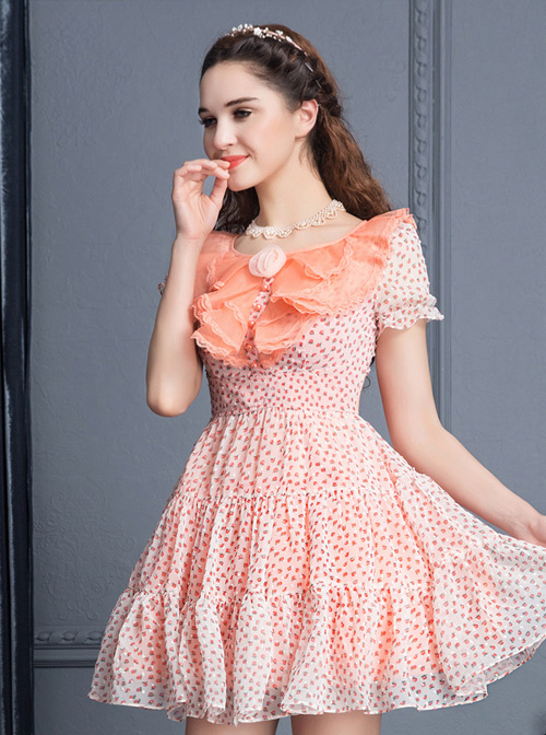 Pink Short Sleeve Bind Strap Lace Cute Sweet Lolita Dress