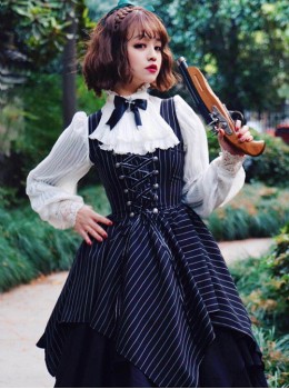 Stripes Sleeveless Bind Strap Gothic Lolita Irregular Hem Dress