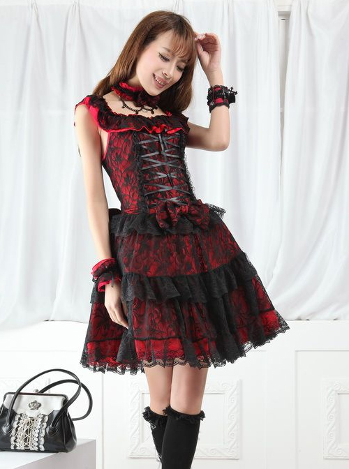 Red And Black Lace Gothic Lolita Sleeveless Dress