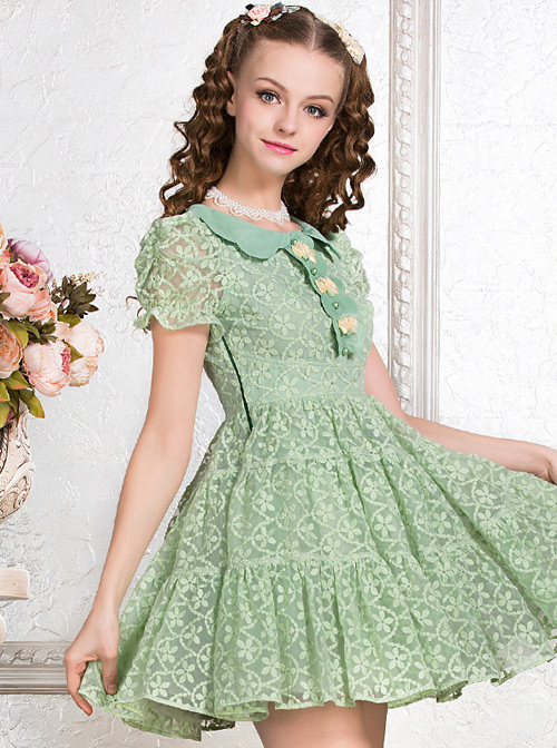 Green Cute Doll Collar Bowknot Sweet Lolita Short Sleeve Dress