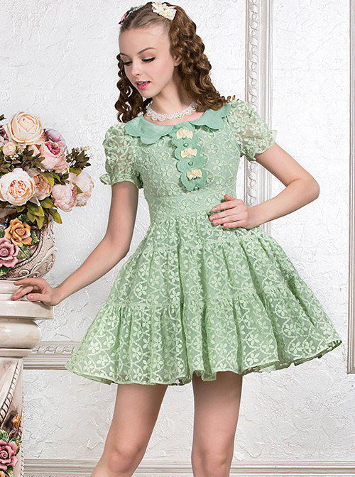 Green Cute Doll Collar Bowknot Sweet Lolita Short Sleeve Dress