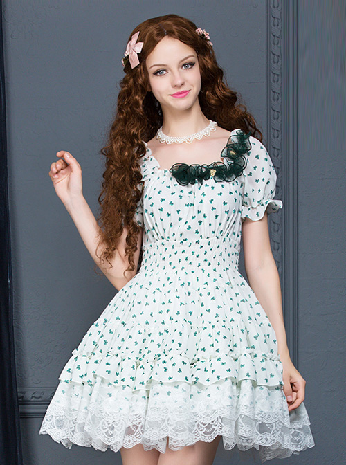 White Chiffon Green Bowknot Printing Sweet Lolita Short Sleeve Dress