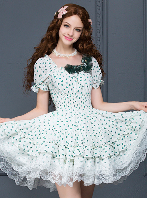 White Chiffon Green Bowknot Printing Sweet Lolita Short Sleeve Dress