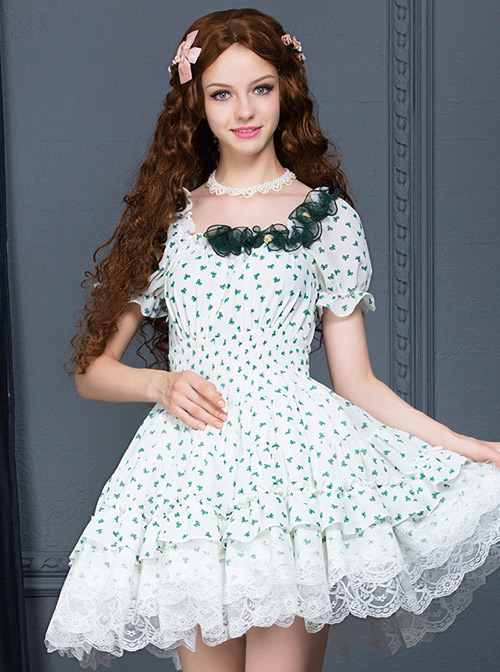 White Chiffon Green Bowknot Printing Sweet Lolita Short Sleeve Dress