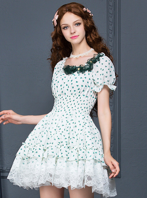 White Chiffon Green Bowknot Printing Sweet Lolita Short Sleeve Dress