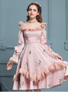 Retro Pink Ruffles Elegant Classic Lolita Long Sleeve Dress