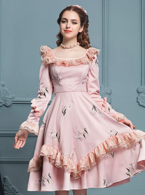 Retro Pink Ruffles Elegant Classic Lolita Long Sleeve Dress