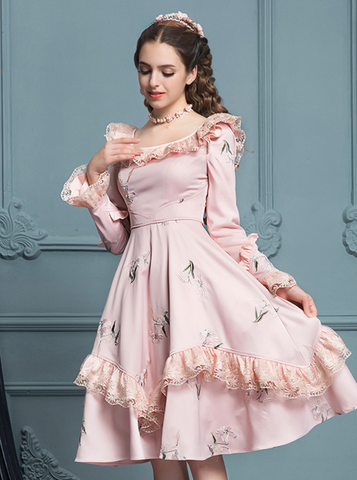 Retro Pink Ruffles Elegant Classic Lolita Long Sleeve Dress