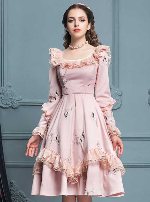 Retro Pink Ruffles Elegant Classic Lolita Long Sleeve Dress