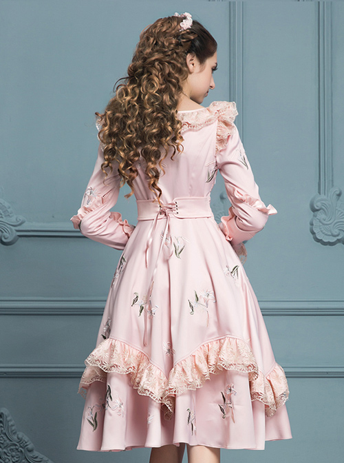 Retro Pink Ruffles Elegant Classic Lolita Long Sleeve Dress