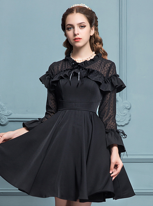 Black Chiffon Slim Stylish Gothic Lolita Long Sleeve Dress